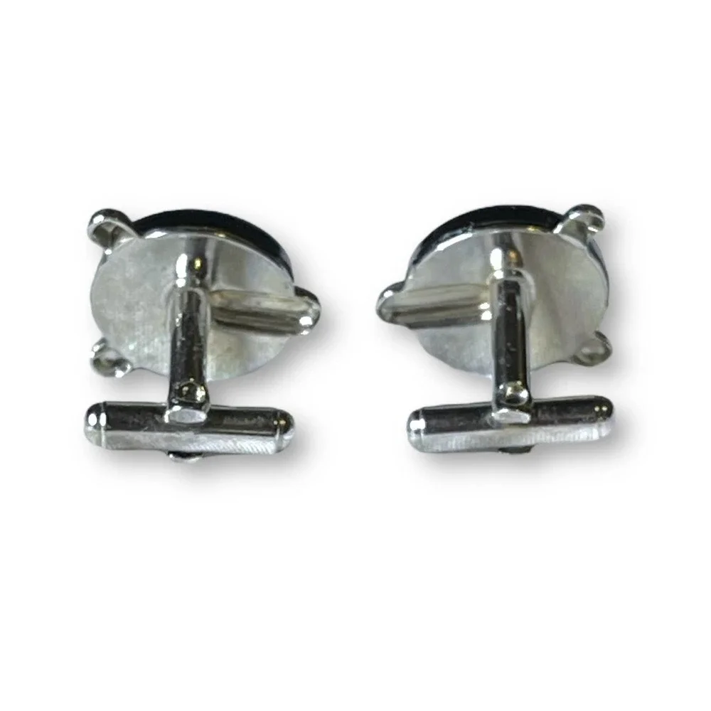 Vintage Cufflinks Men’s Silver Tone Black Glass Art Deco Unsigned